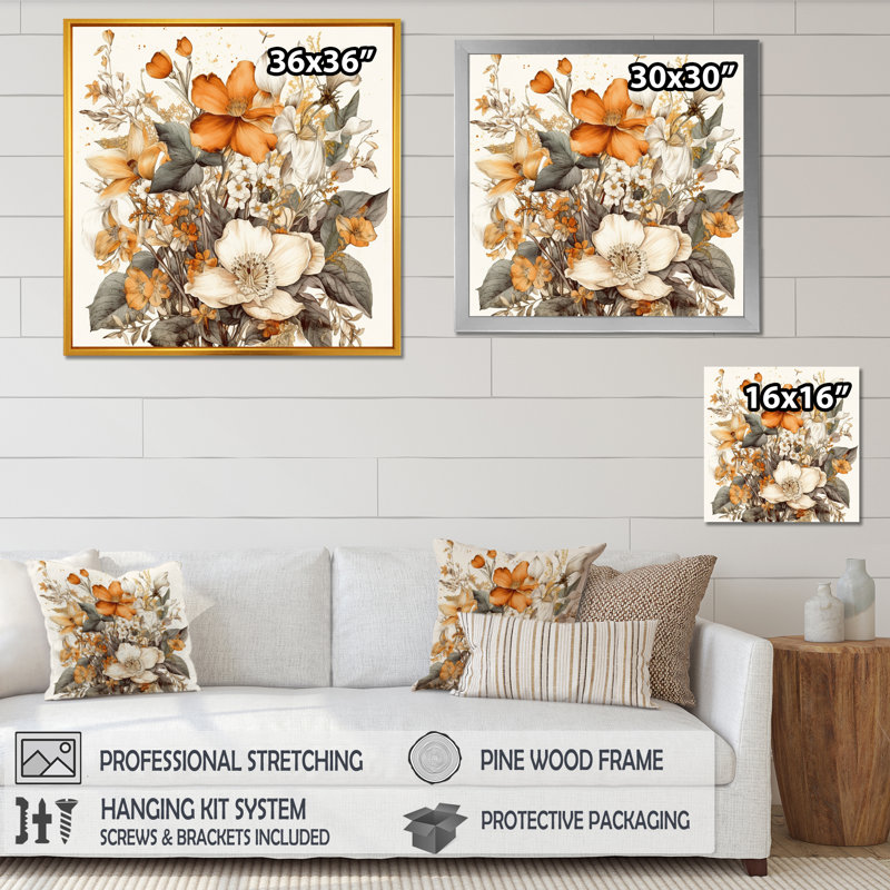 Traduction libre sur toile de Rozanna Cream and Orange Flowers Bouquet II, Cadre photo noir, H 16 po x l 16 po x P 1 po