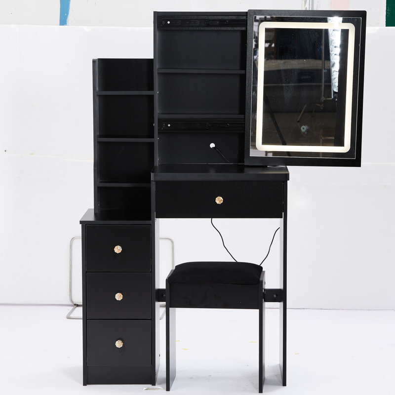 Coiffeuse noire avec miroir tactile à DEL coulissant, réglable en couleur, tabouret rembourré, idéale pour les petits espaces. Design américain.
