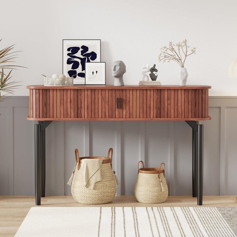 Fluted Console Table With Storage,Wood Sofa Table With Sliding Door, Walnut