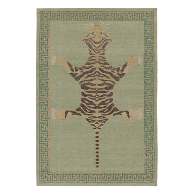 Rug & Kilim’S Distressed Tiger Rug In Green With Beige And Brown Pictorial