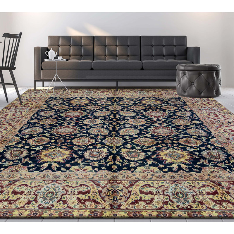 Tapis bleu et beige noué à la main de haute qualité