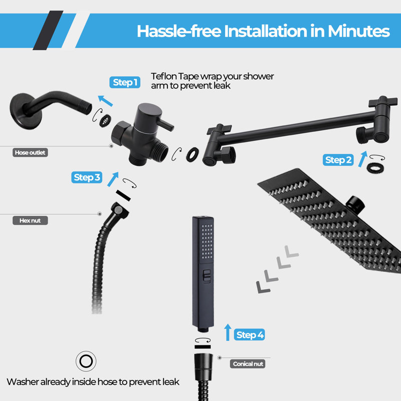 10-inch Raincan Shower Head and Hand Held Shower Combo, Rainfall Shower Head and Hand Shower, Matte Black