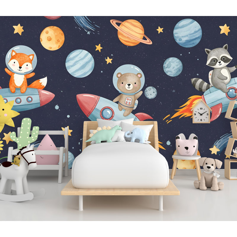 Adhésif décoratif espace animaux sur fusée | Murale espace | Papier peint Outer Space | Étoiles et planètes, art mural | Décoration astronomique 594RS (Peel-N-Stick) RS594