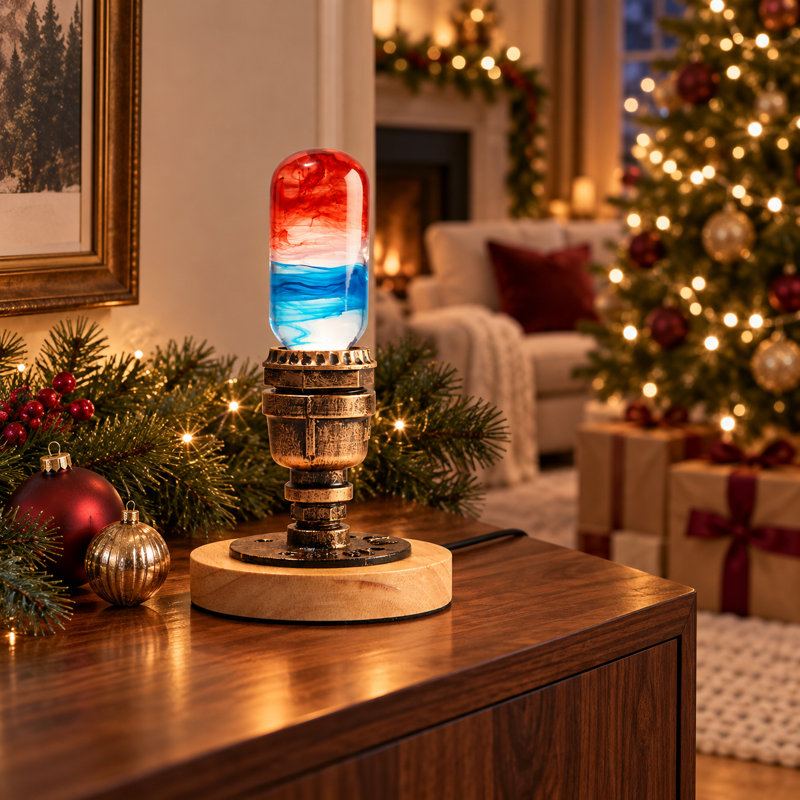 Lampe de table en résine peinte à la main avec base en bois massif et fer
