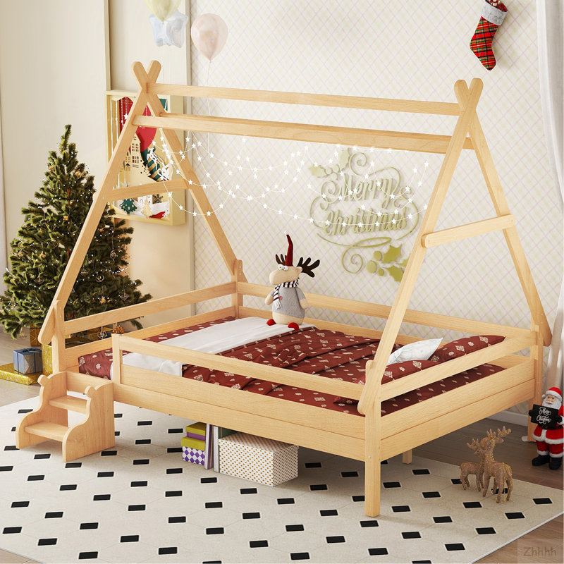 Lit plateforme double avec escalier, structure de lit simple en bois massif, profil bas et design amusant enfantin, naturel