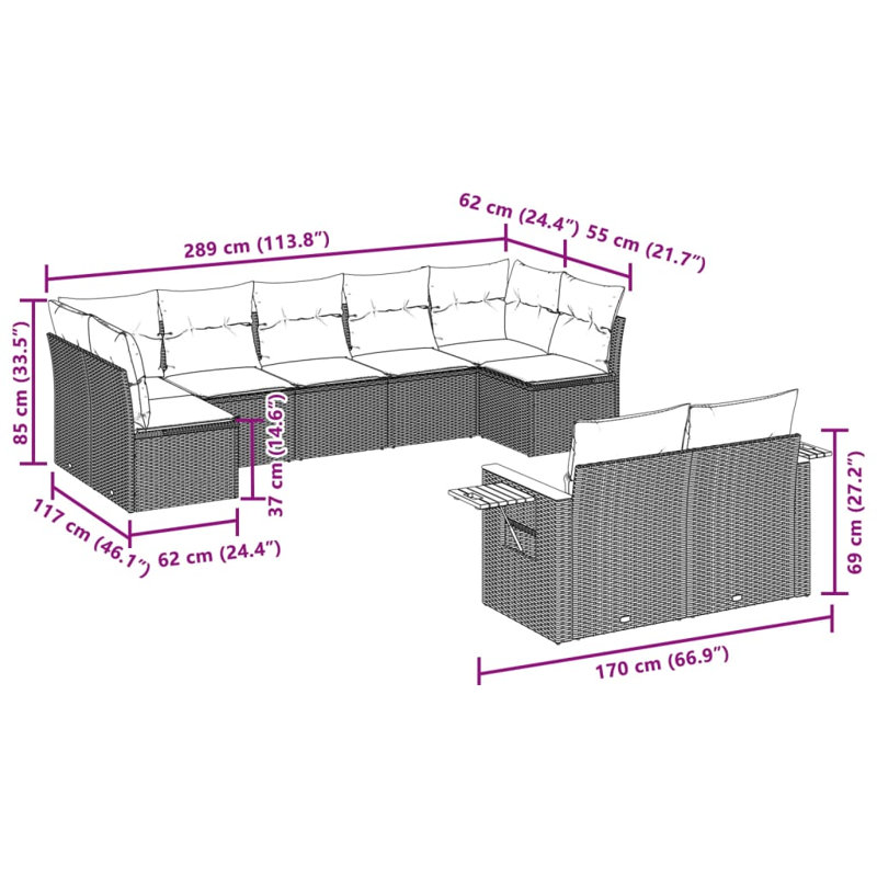  Ensemble de canapé de jardin en rotin PE gris