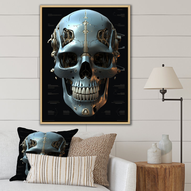 Reproduction d'art sur toile, "Happy Cyborg Skull Funky Halloween I", Cadre naturel flottant, H 32 po x l 24 po x P 1 po