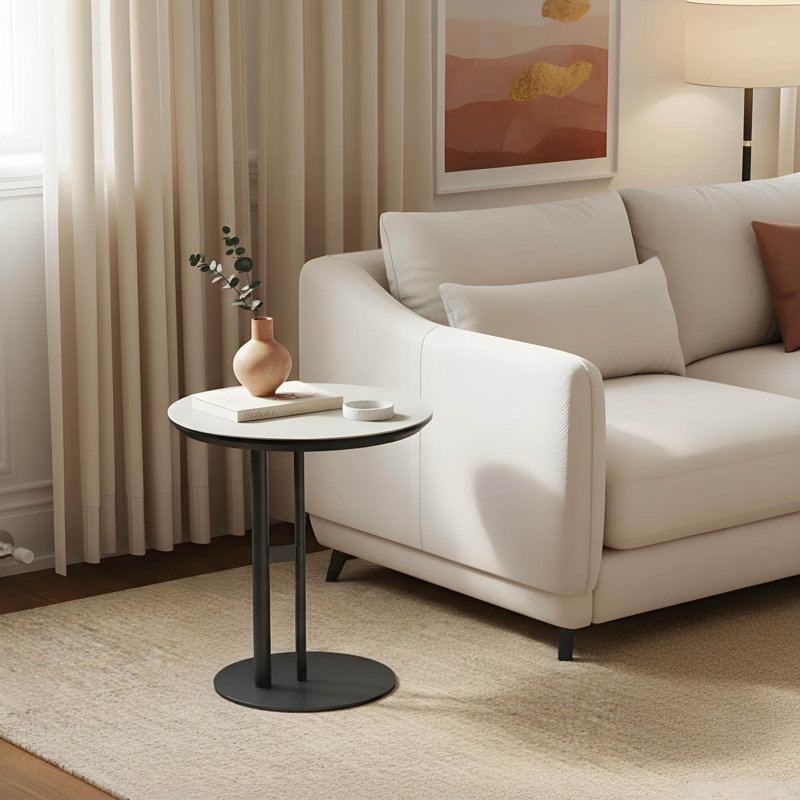 Table de bout ronde moderne 19,7 po avec plateau en cuir et base en acier inoxydable, table d'appoint décorative pour salon, bureau personnel, appartement, gris et noir