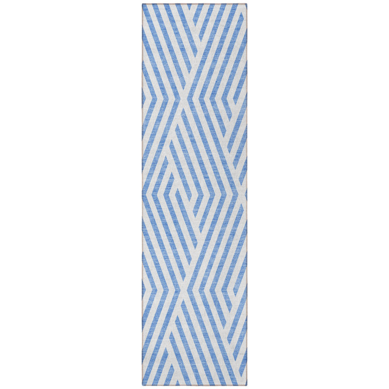 HomeRoots 8' Blue And Ivory Geometric Washable Indoor Outdoor Runner Rug