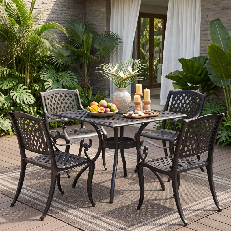 Ensemble de salle à manger d'extérieur 5 pièces avec structure en aluminium moulé, chaises en maille, mobilier de patio résistant aux intempéries