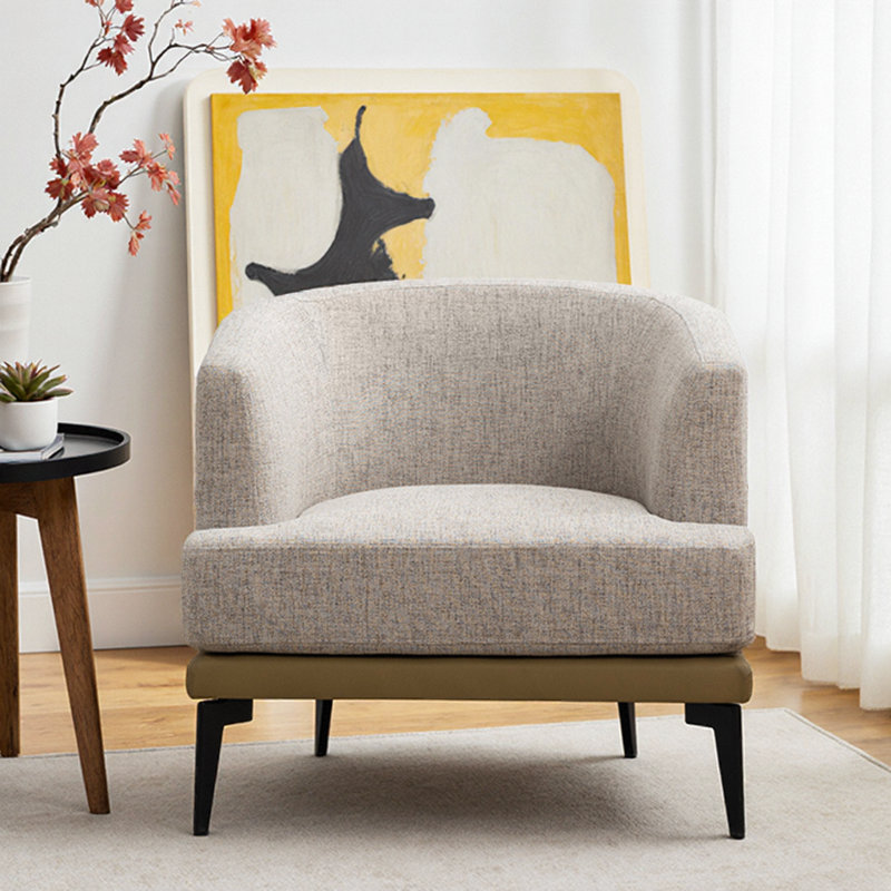 Fauteuil demi-tonneau moderne en tissu avec pieds en métal, fauteuil rembourré moutarde pour le salon, Moutarde