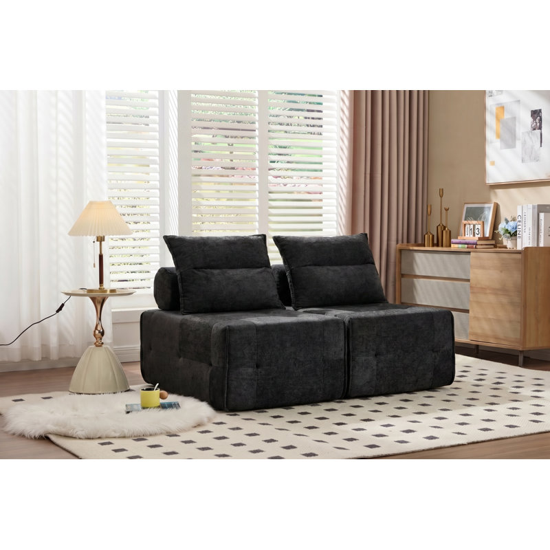 Canapé d'angle modulaire, tissu noir 2 pièces, appuie-tête ajustable, Tissu noir