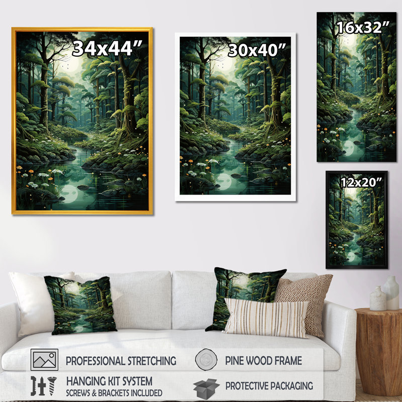 «Deep River Into The Forest I», art mural forêt, Cadre flottant doré, H 44 po x l 34 po x P 1,5 po
