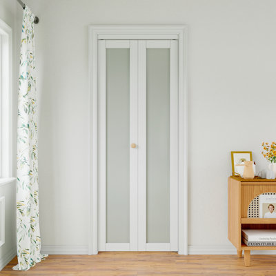 1 Lite Tempered Frosted Glass And MDF White Primed Bi-Fold Closet Door With Hardware Kit