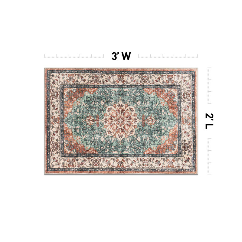 Tapis traditionnel lavable antidérapant à médaillon traditionnel, Rectangulaire 2 pi x 3 pi
