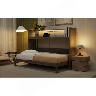 Lit escamotable simple avec bureau, lumière DEL et station de charge USB, blanc