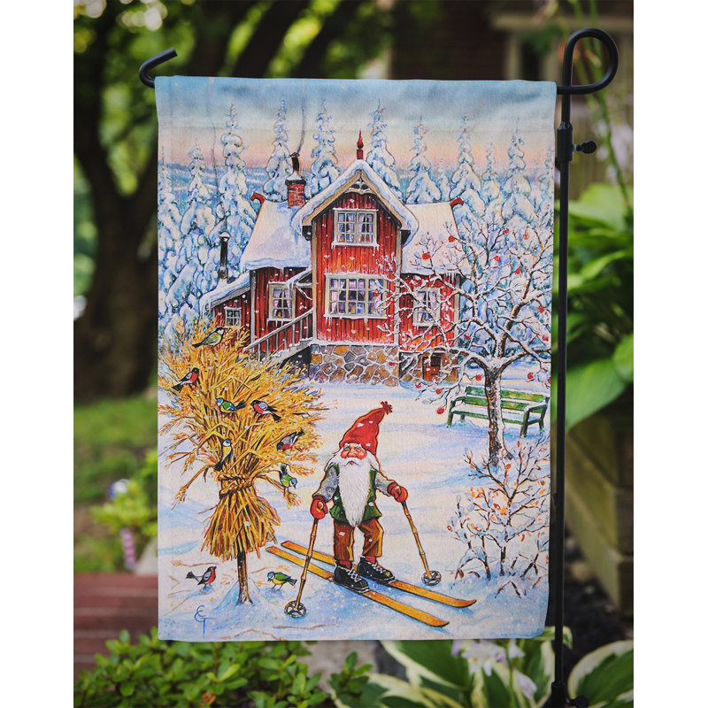 Drapeau de jardin 2 côtés christmas gnome ski, H 15 po x l 11 po