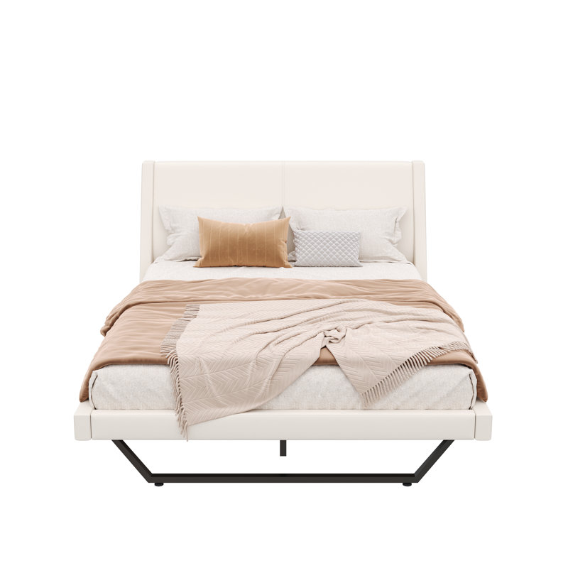 Grand cadre de lit tapissier grand, lit plateforme en cuir d'unité centrale avec un design en forme de vague et des pieds de forme trapézoïdale, sans sommier tapissier, blanc