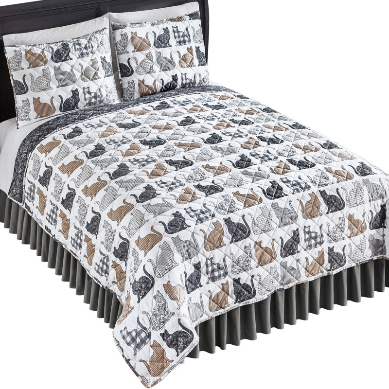 Gray and Tan Microfiber King Quilt Set with Cat Patterns