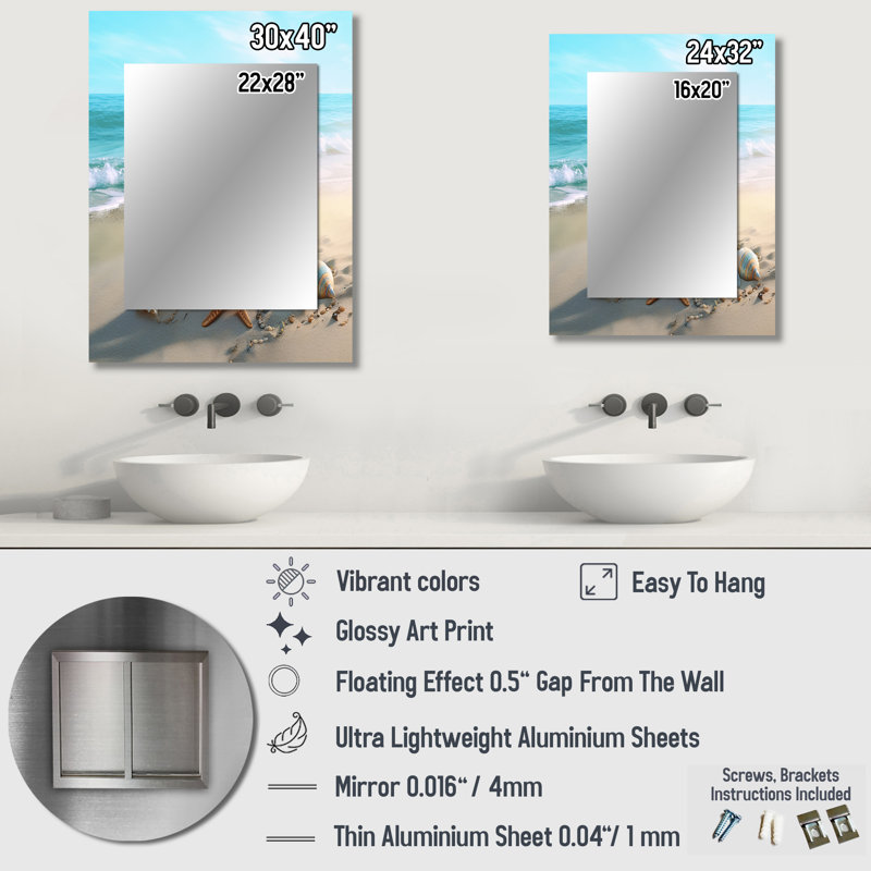 Coastal Seashore - miroir mural unique de plage, miroir moderne, impression d'art en métal, 32 po x 24 po