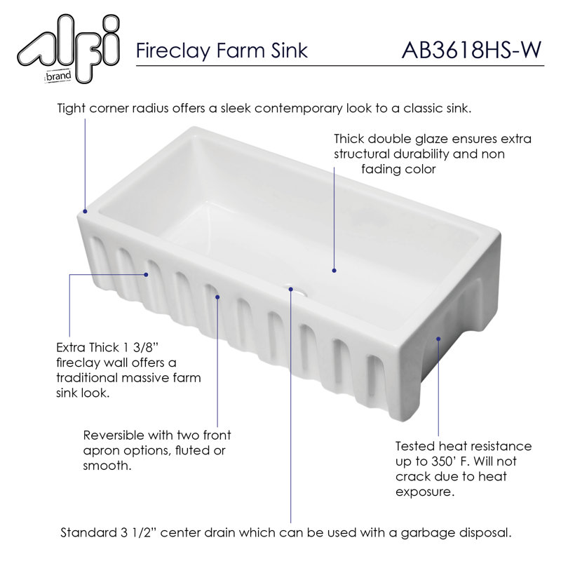 36'' L Single Bowl Fireclay Kitchen Sink, White