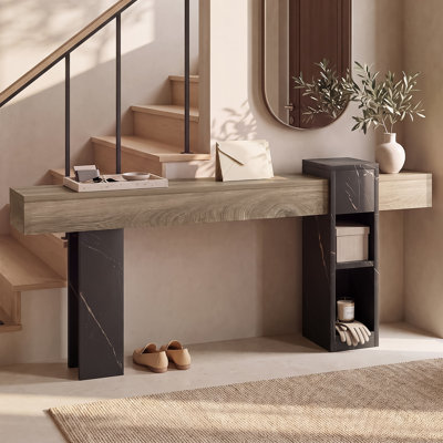 63 Inches Long Console Table with Charging Station, Thick Wooden Narrow Sofa Table Behind The Couch with Storage and Adjustable Shelves