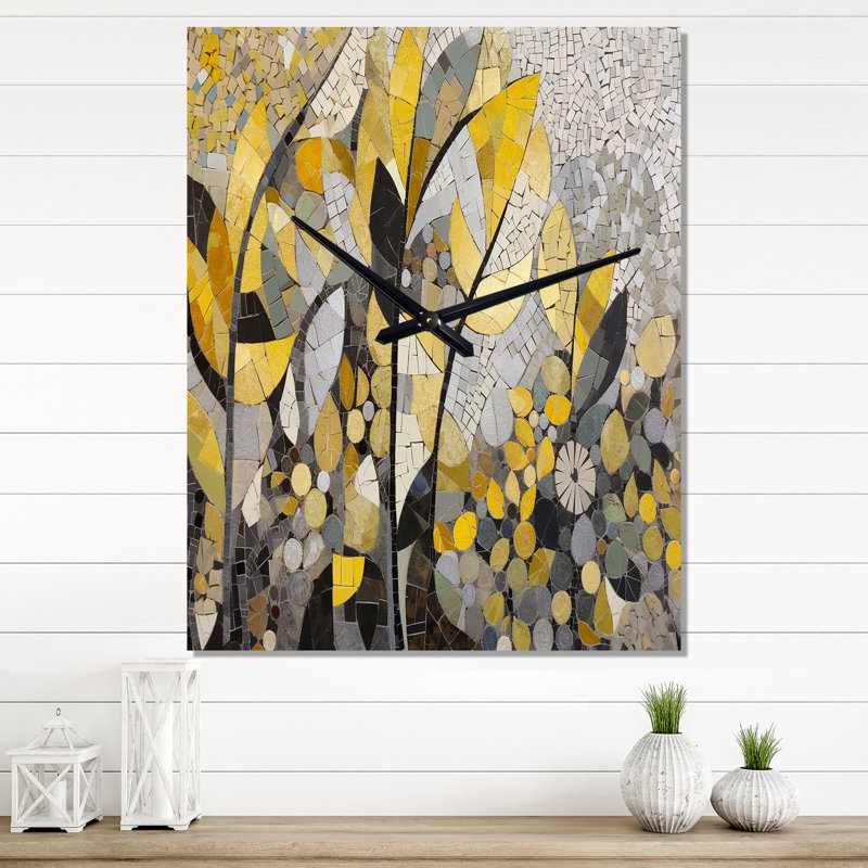 Motif jaune et gris en fusion artistique - horloge murale bohème mosaïque, H 32 po x l 16 po x P 1 po