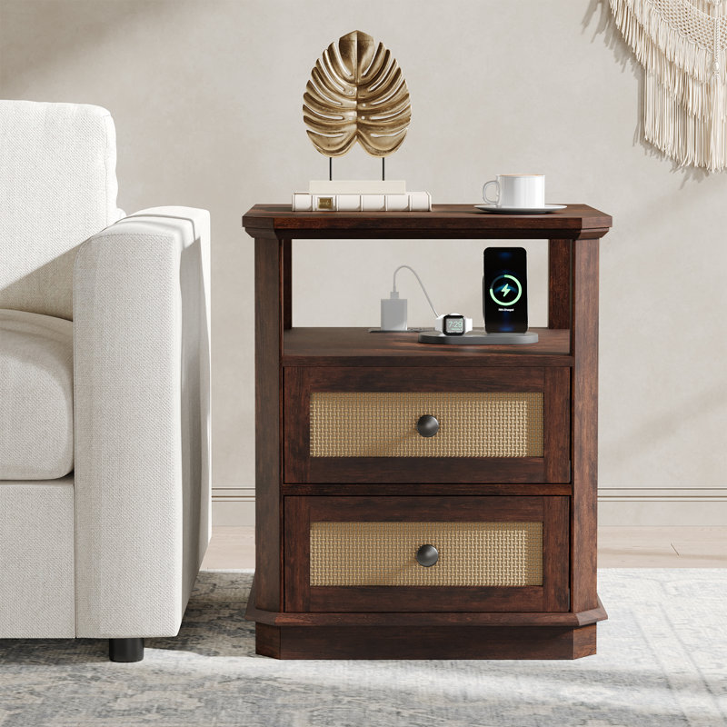  End Table for Living Room With Storage and Built-In Outlets,Boho Rattan Side Table With Drawer for Office,Bedroom, Cherry