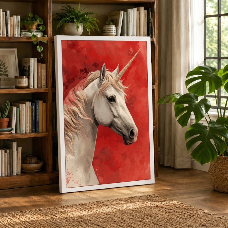 Unicorn in Crimson Mystical - Wrapped Canvas, 30x20 - 76.2 x 50.8 cm, Teal Border