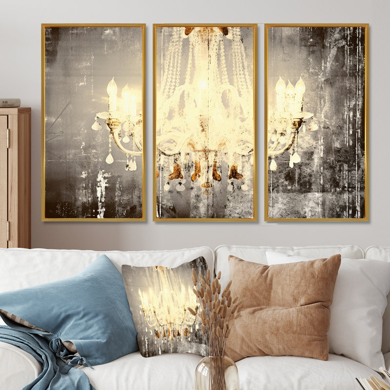 Serafin - Ensemble de décoration murale lustre Glam, Cadre flottant doré, H 32 po x l 48 po x P 1 po