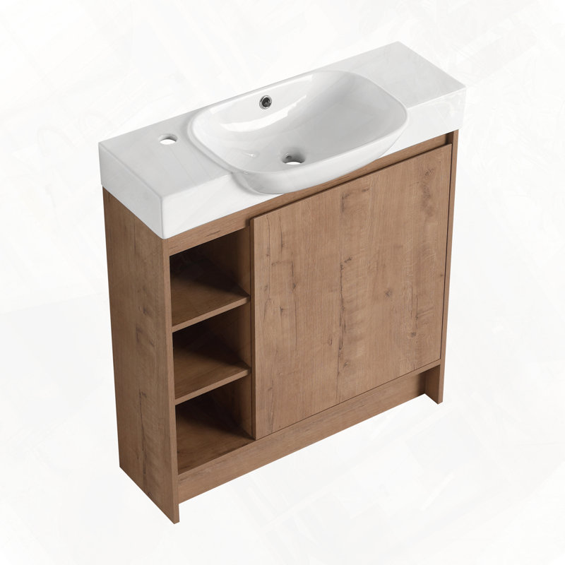 Meuble-lavabo autoportant avec évier en céramique, Imitation chêne