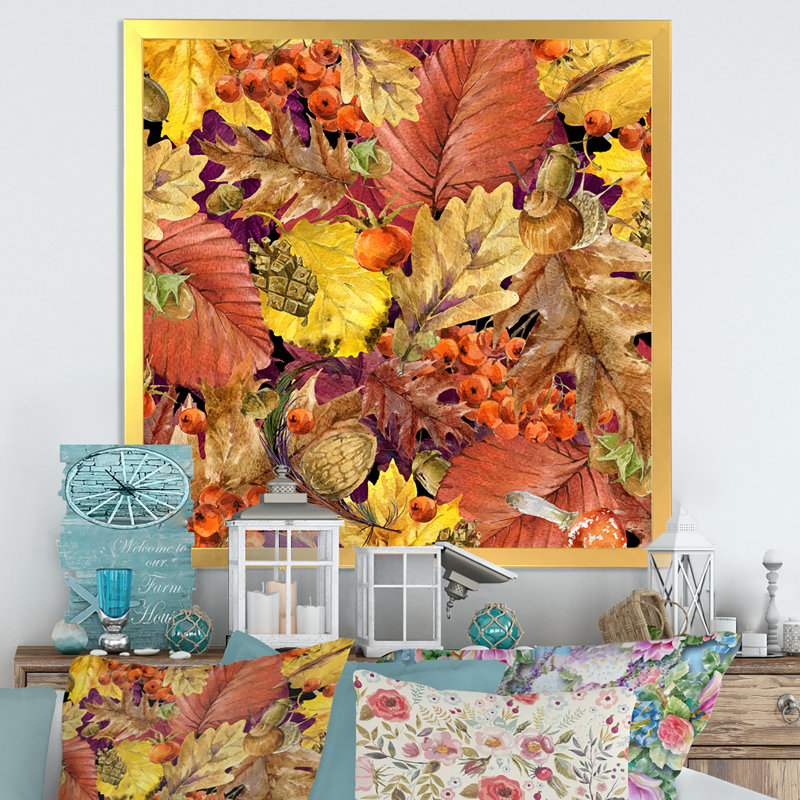 Feuilles colorées d'automne - on, H 16 po x l 16 po x P 1 po, Toile encadrée dorée