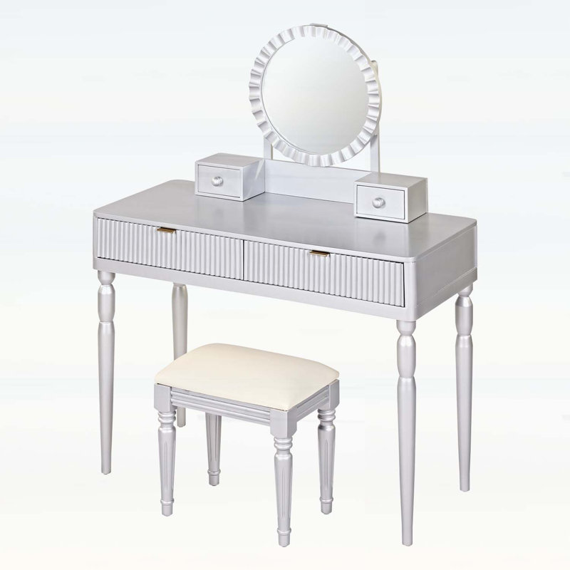 Bureau de coiffeuse de luxe avec miroir rond, hauteur réglable, ensemble de coiffeuse, 4 tiroirs et tabouret, argent