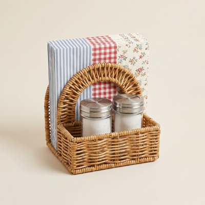 Porte-serviette en rotin tissé avec poivre et sel - Organisateur de table rustique pour la cuisine ou la salle à manger