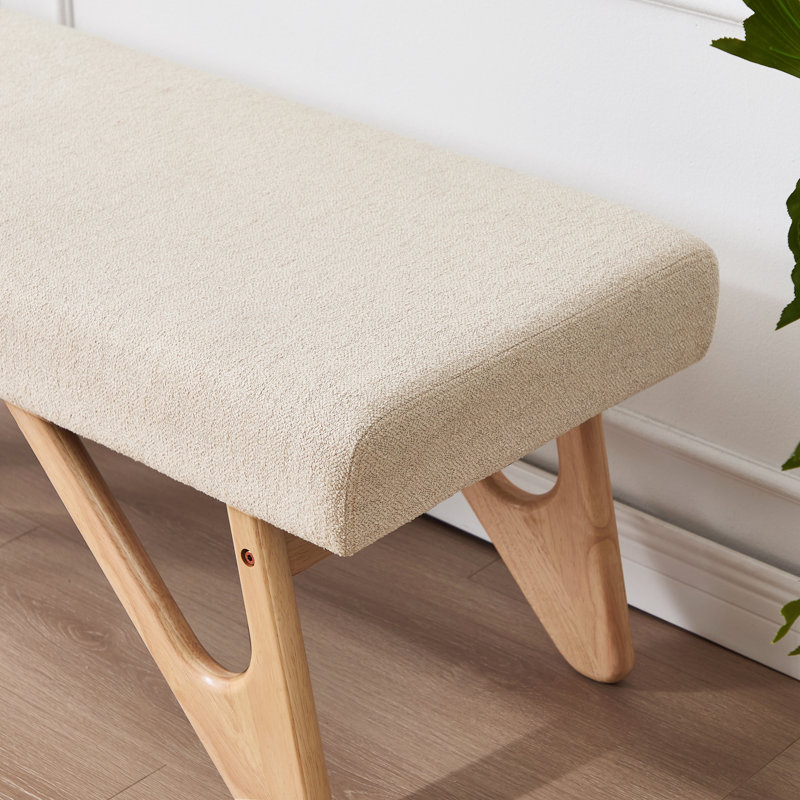 Banc rembourré en lin 48,8 po avec pieds en bois massif, Naturel