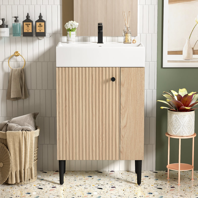Ensemble de meuble-lavabo simple 21,6 po avec plateau en céramique, Bois, Noir, noir, noir, noir