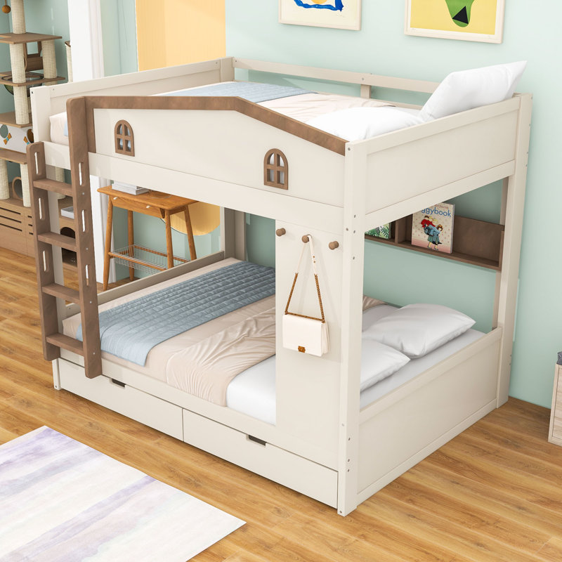 Lit superposé grand en bois avec tiroirs de rangement et tablettes, Naturel beige