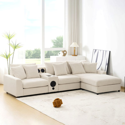 Canapé modulaire en velours côtelé avec haut-parleurs Bluetooth, canapé en L avec console, chargeur USB, porte-gobelets, rangement