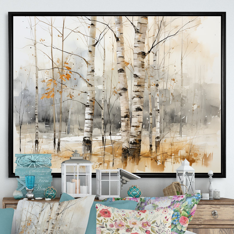 «Winter Birch Wood Forest I - Tree Birch», art mural, Cadre flottant noir, H 34 po x l 44 po x P 1,5 po