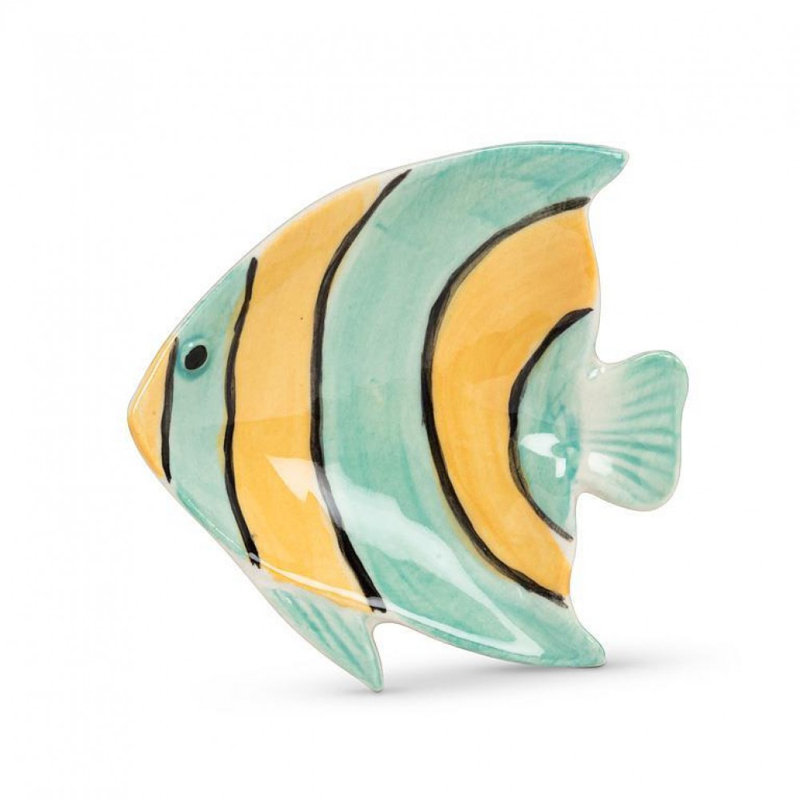 Plat à poisson jaune et turquoise rayé