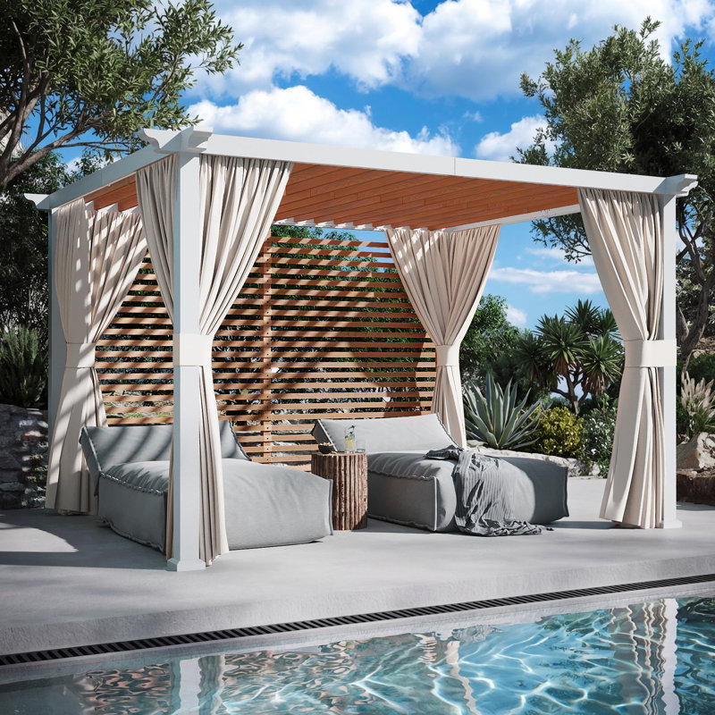 Palisade 10‘ X 12' Steel Frame Outdoor Patio Pegola With Slats Roof，Textilene Sun Shade Canopy Privacy Panel Screen Wall And Curtains For Backyard Garden And Deck Party
