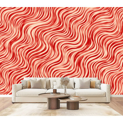 Papier peint adhésif à motif de lignes ondulées rouges et blanches ondulées rétro H 69 po x l 96 po, papier peint amovible en PVC autocollant pour chambre à coucher, bureau à domicile