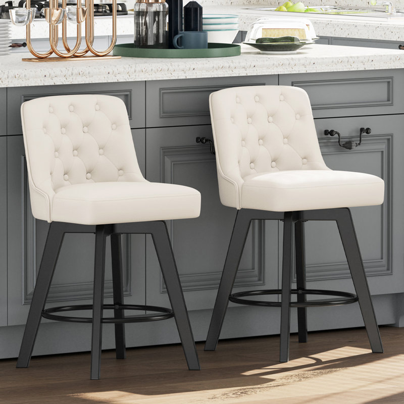Swivel Upholstered 26'' Counter Stool Wood Leg, Counter Stool (26" Seat Height), 2, Cream