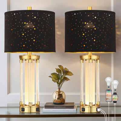 25" Modern Table Lamps Set of 2 with USB A+C Ports and Night Light, Unique Star Hallow Black Shade Lamp for Bedroom,Living Room (Bulb Included)