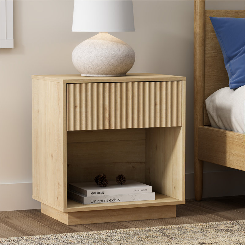 Table de chevet en bois avec 1 tiroir et casier ouvert - Rangement de chevet compact, Individuel, Chêne clair