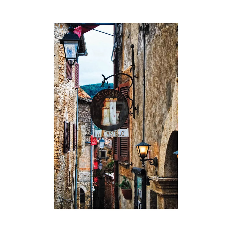Medieval Street With Signs And Lamps, Sermoneta, Italy by George Oze - Wrapped Canvas Print, 20.32 cm H x 30.48 cm W
