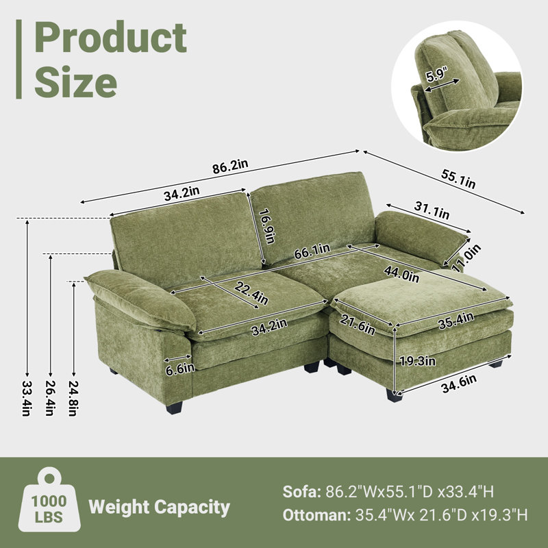 Shugar 83.2'' W Double-Layer Cushion Comfy Cloud Loveseats With One Ottoman, Green Chenille