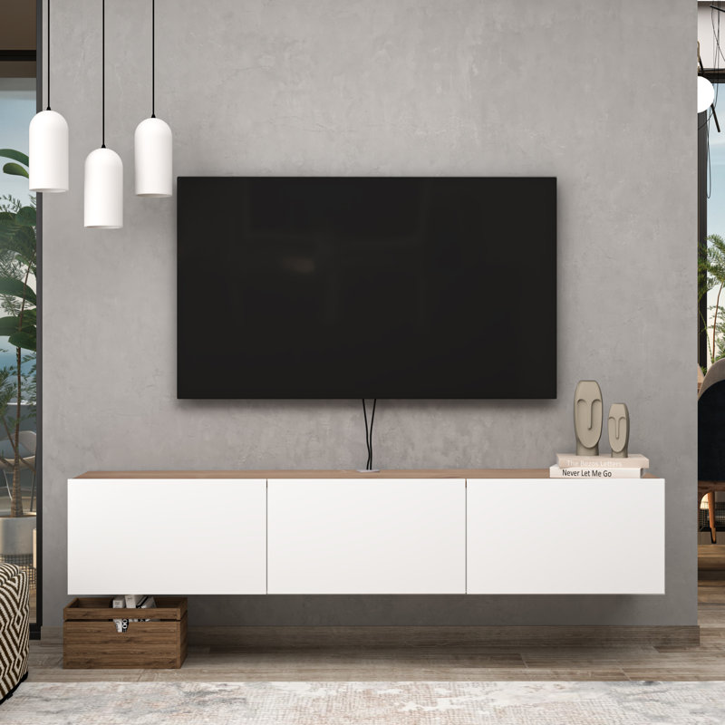 Ronnye Floating TV Stand Up to 80" TV's Wall Mounted Media Console, White/Light Oak