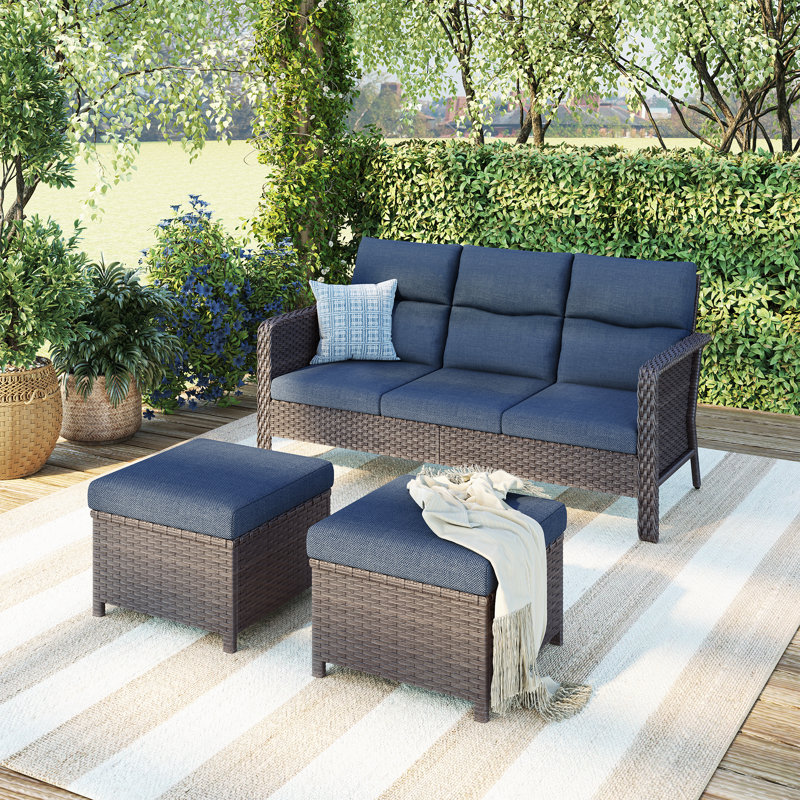 3pcs Modern Pe Rattan Outdoor Sofa Set With 2 Ottoman, Blue