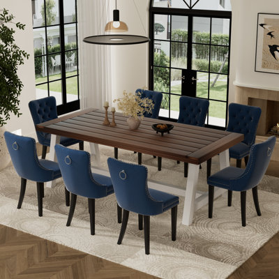 9 Pieces Modern Farmhouse Rectangle Dining Set with Mid-century High-end Tufted Dining Chair Set for 8